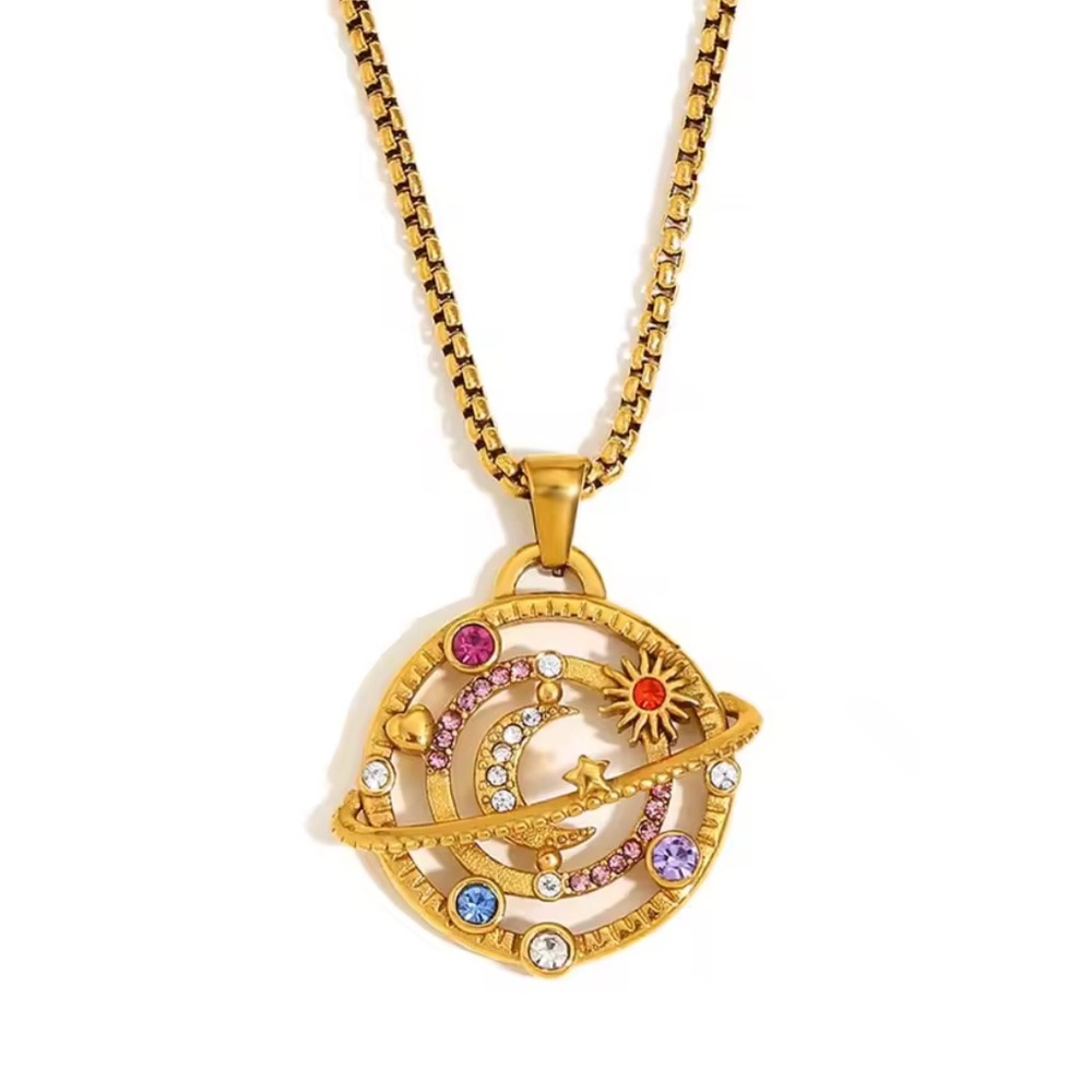 NEW 18K GOLD PLATED “COSMIC ALIGNMENT” NECKLACE – SUN MOON & PLANET CHARM